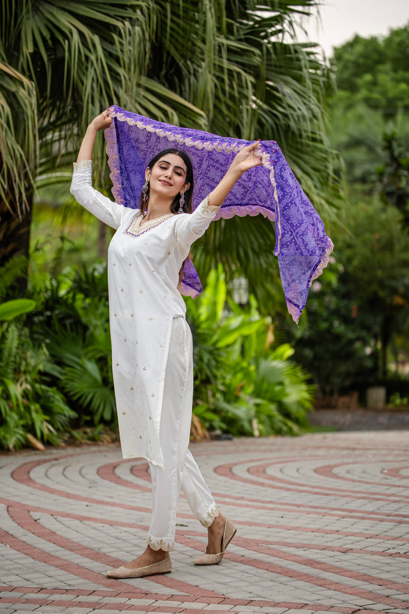 Elegant Silk Kurti Set with Embroidered Kurti, Printed Pants & Dupatta– by QueenVastra