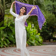 Elegant Silk Kurti Set with Embroidered Kurti, Printed Pants & Dupatta– by QueenVastra