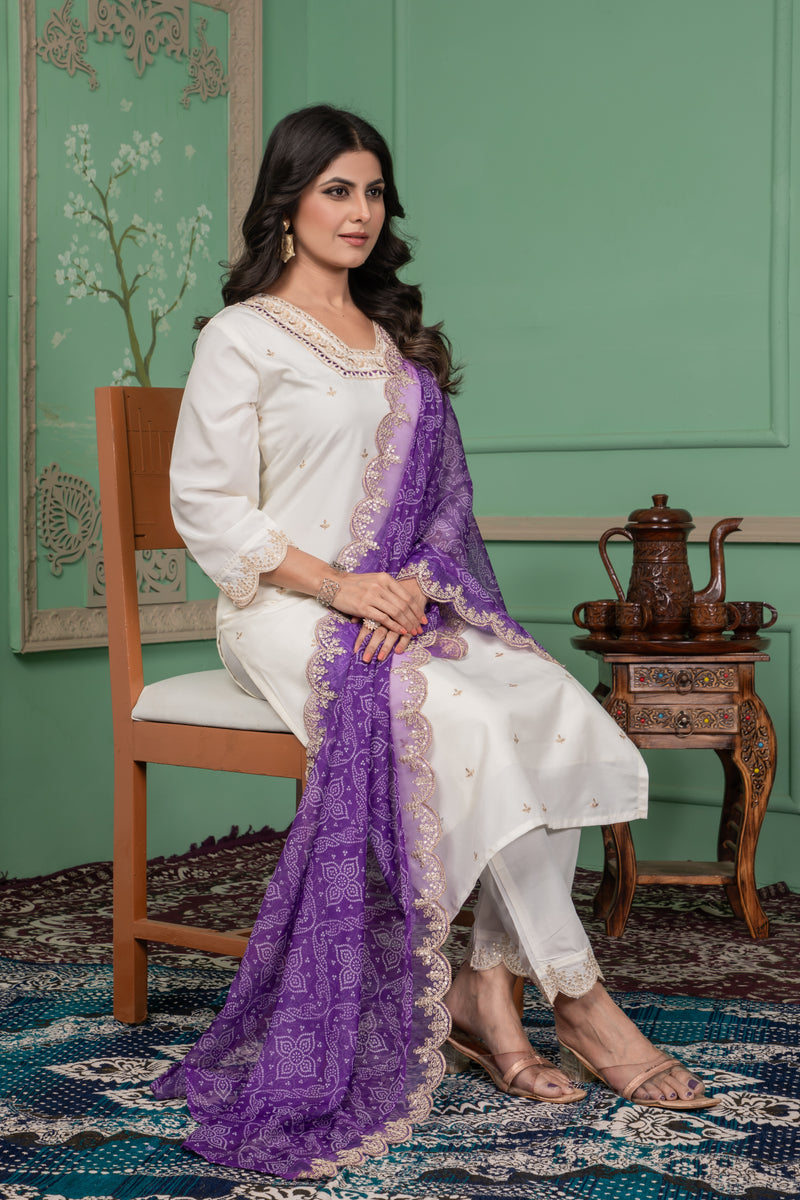Elegant Silk Kurti Set with Embroidered Kurti, Printed Pants & Dupatta– by QueenVastra