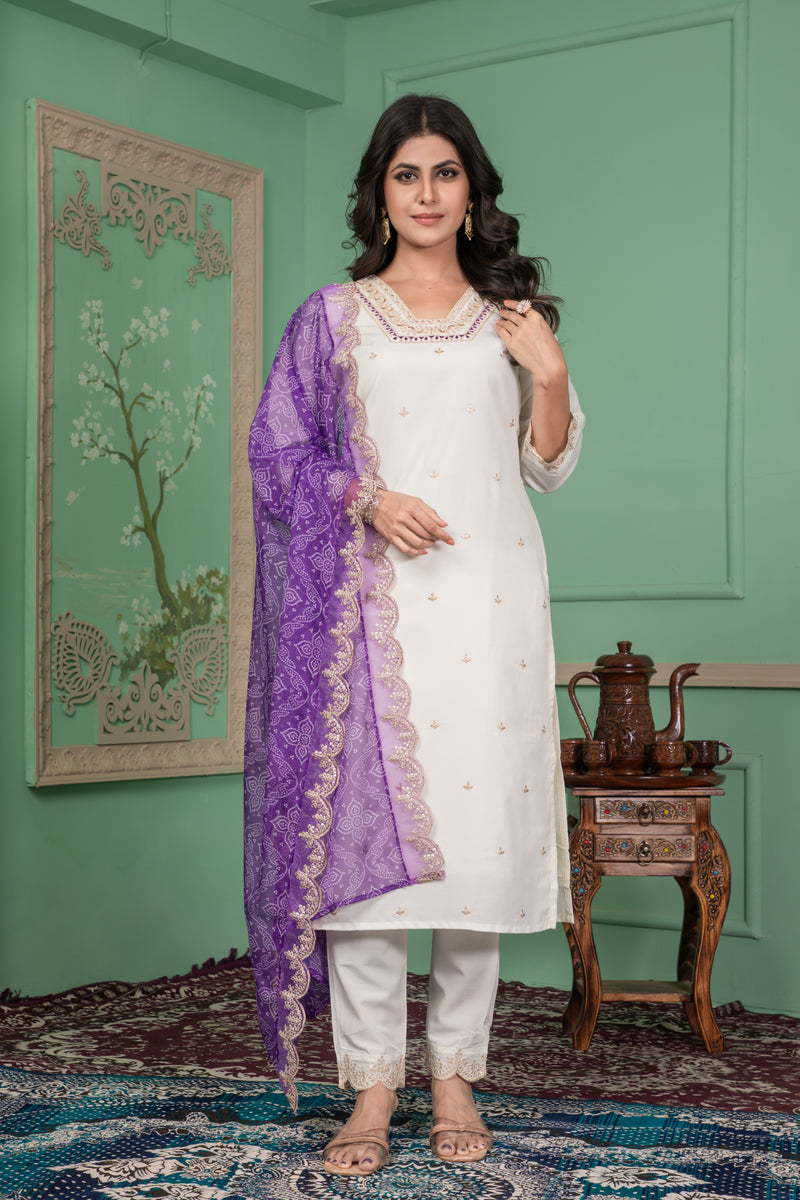 Elegant Silk Kurti Set with Embroidered Kurti, Printed Pants & Dupatta– by QueenVastra