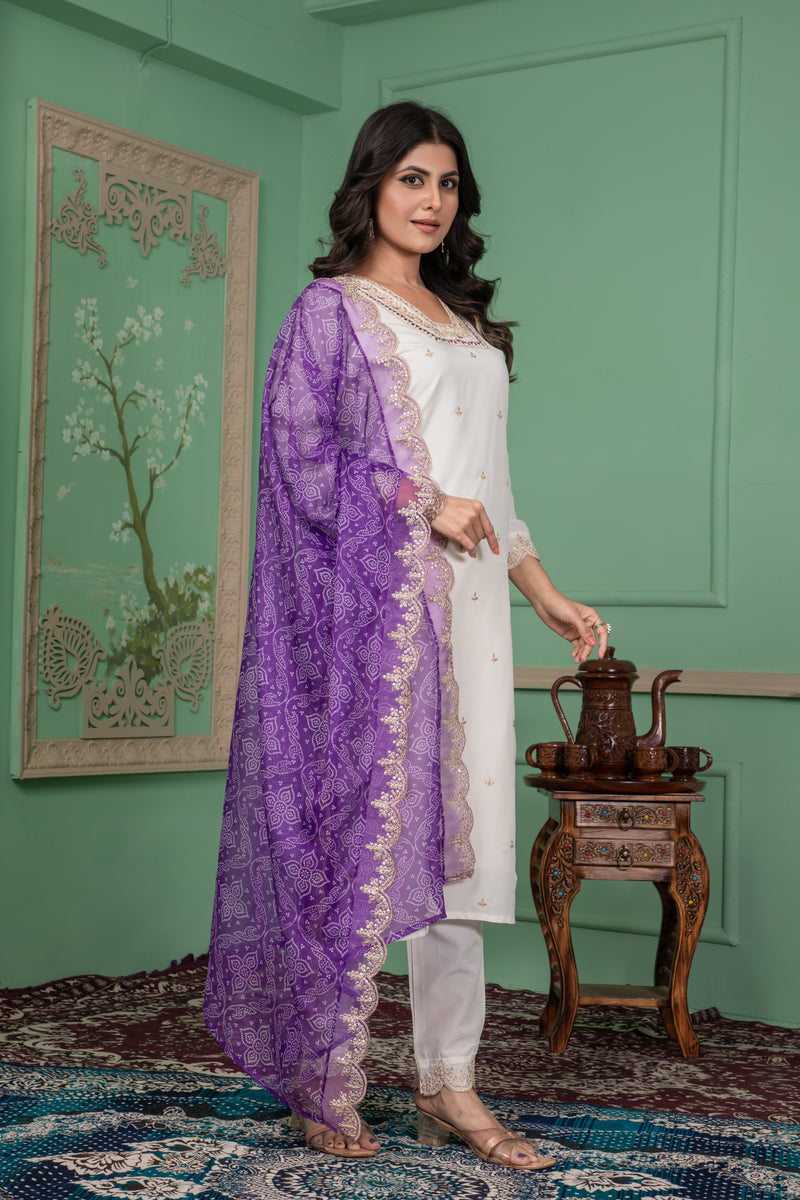 Elegant Silk Kurti Set with Embroidered Kurti, Printed Pants & Dupatta– by QueenVastra