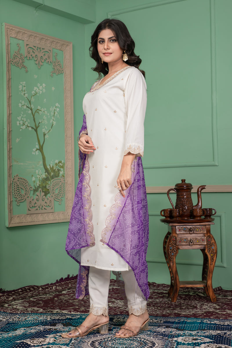 Elegant Silk Kurti Set with Embroidered Kurti, Printed Pants & Dupatta– by QueenVastra