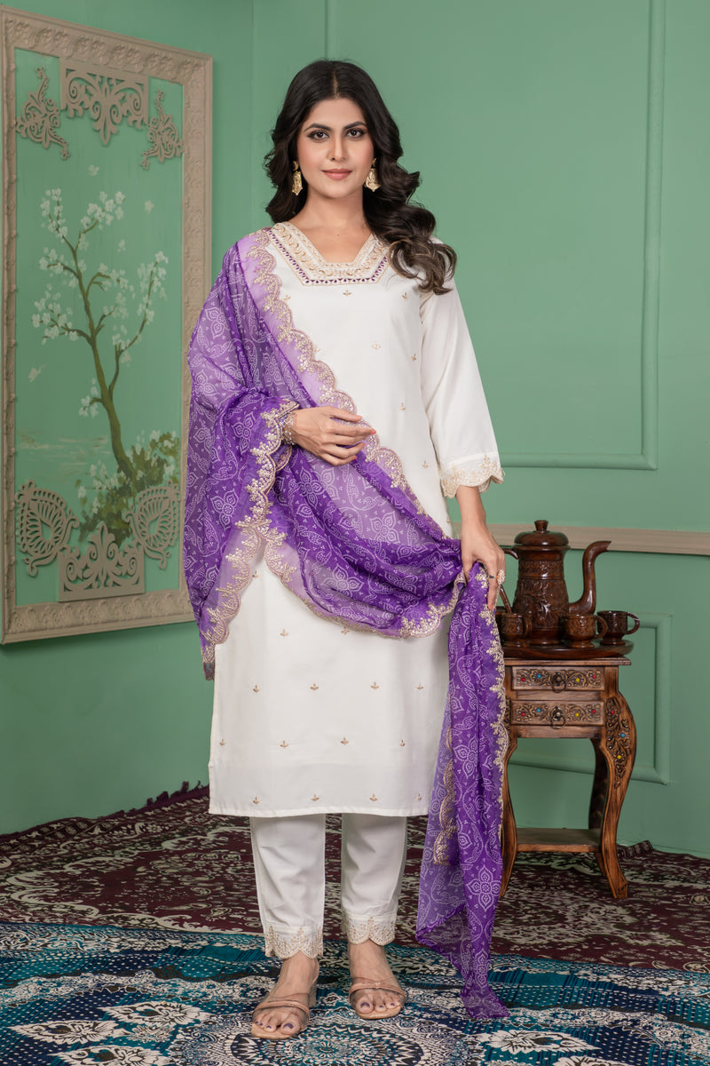 Elegant Silk Kurti Set with Embroidered Kurti, Printed Pants & Dupatta– by QueenVastra