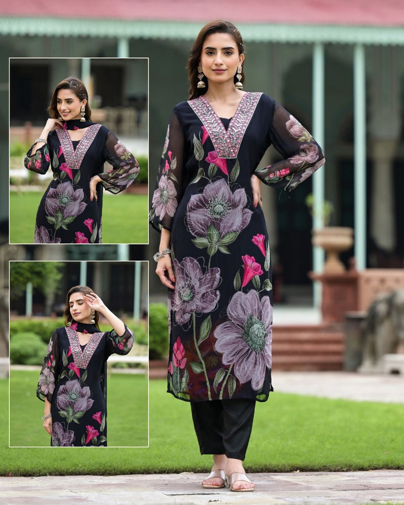 Floral Printed V-Neck Mirror Work Kurta With Trouser And Dupatta