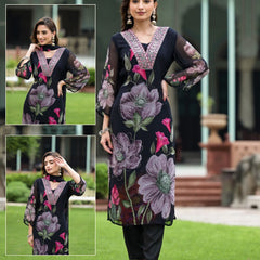 Floral Printed V-Neck Mirror Work Kurta With Trouser And Dupatta