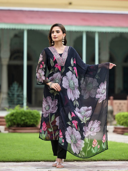 Floral Printed V-Neck Mirror Work Kurta With Trouser And Dupatta