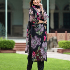 Floral Printed V-Neck Mirror Work Kurta With Trouser And Dupatta