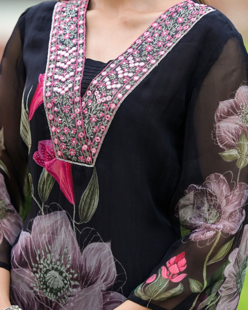 Floral Printed V-Neck Mirror Work Kurta With Trouser And Dupatta