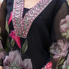 Floral Printed V-Neck Mirror Work Kurta With Trouser And Dupatta