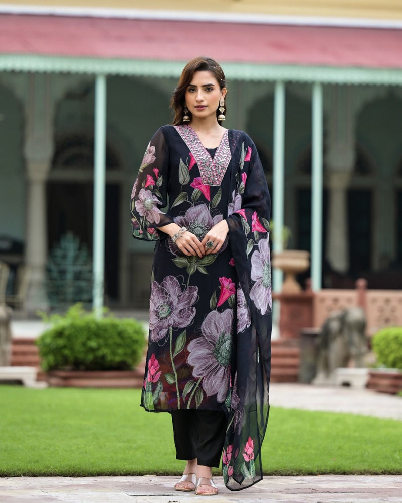 Floral Printed V-Neck Mirror Work Kurta With Trouser And Dupatta