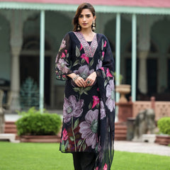 Floral Printed V-Neck Mirror Work Kurta With Trouser And Dupatta