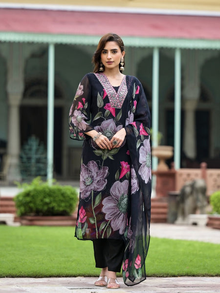 Floral Printed V-Neck Mirror Work Kurta With Trouser And Dupatta