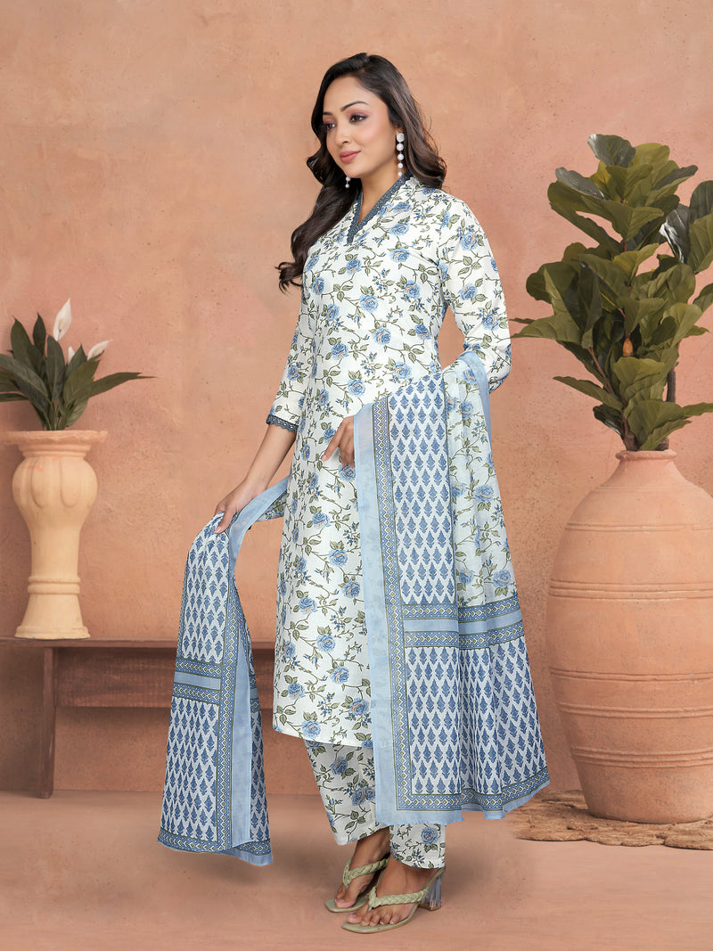 Floral Cotton Kurta Set with Lace Detail & Printed Dupatta– by QueenVastra