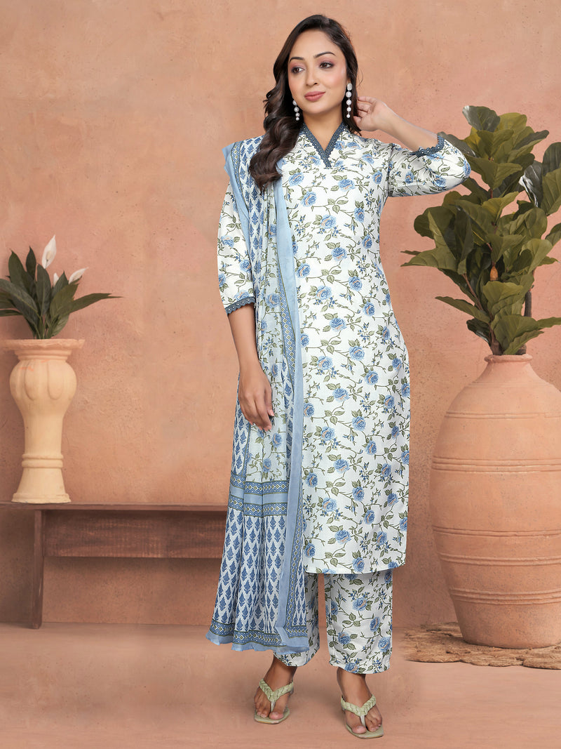 Floral Cotton Kurta Set with Lace Detail & Printed Dupatta– by QueenVastra