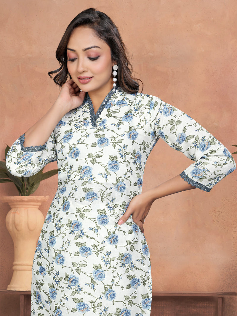 Floral Cotton Kurta Set with Lace Detail & Printed Dupatta– by QueenVastra