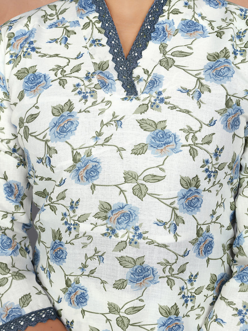 Floral Cotton Kurta Set with Lace Detail & Printed Dupatta– by QueenVastra