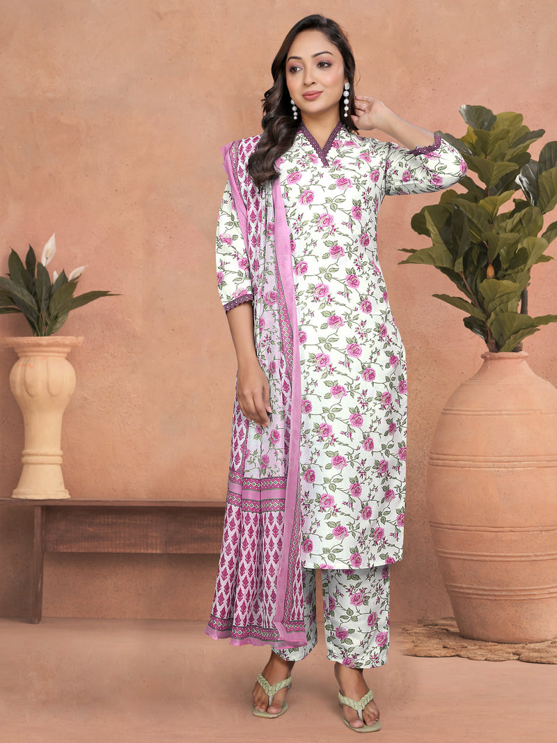 Floral Cotton Kurta Set with Lace Detail & Printed Dupatta– by QueenVastra