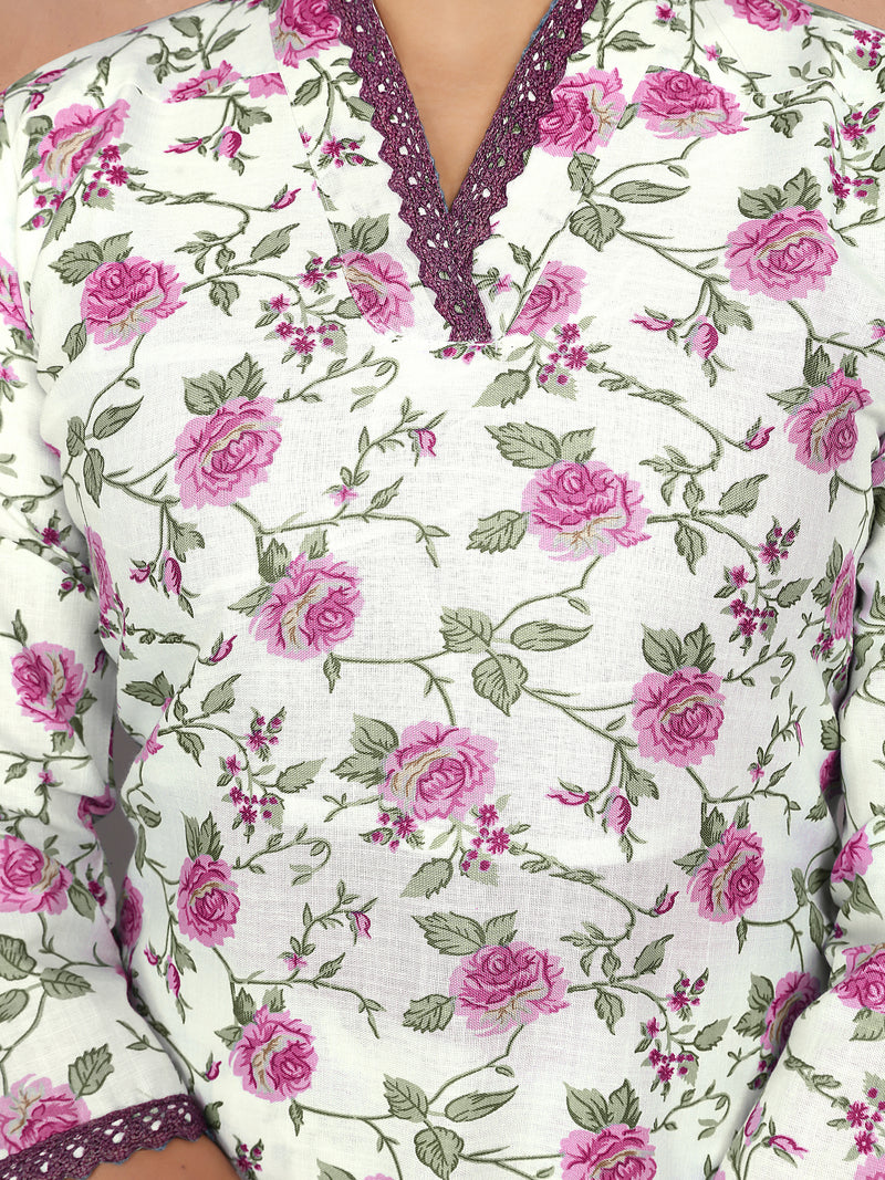 Floral Cotton Kurta Set with Lace Detail & Printed Dupatta– by QueenVastra