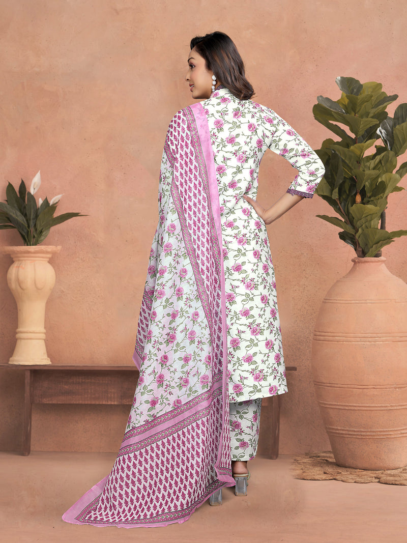 Floral Cotton Kurta Set with Lace Detail & Printed Dupatta– by QueenVastra