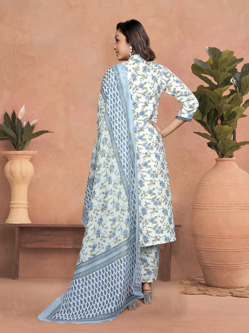 Floral Cotton Kurta Set with Lace Detail & Printed Dupatta– by QueenVastra