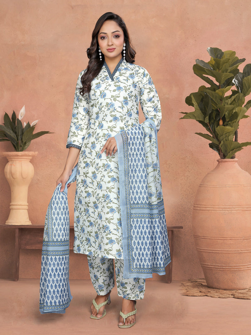 Floral Cotton Kurta Set with Lace Detail & Printed Dupatta– by QueenVastra