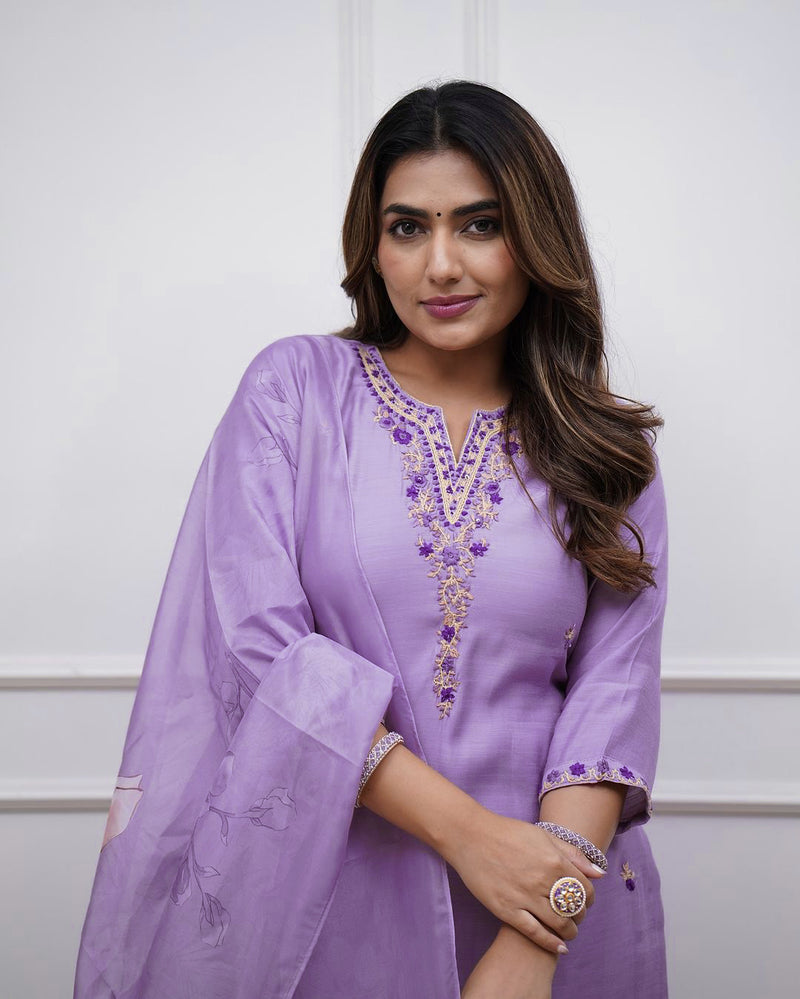 Embroidered Rayon Kurti Set with Printed Chanderi Dupatta– by QueenVastra