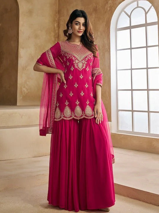 Ethnic Motifs Embroidered Sequinned Scalloped Kurti with Sharara & Dupatta– by QueenVastra