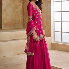 Ethnic Motifs Embroidered Sequinned Scalloped Kurti with Sharara & Dupatta– by QueenVastra