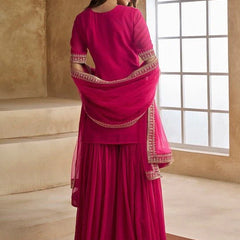 Ethnic Motifs Embroidered Sequinned Scalloped Kurti with Sharara & Dupatta– by QueenVastra