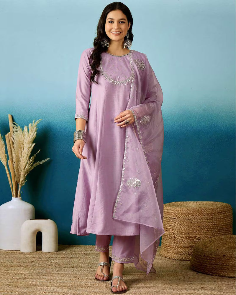 Lavender Bitaliyan Zari Sequence Gota Work Embroidered A-Line Kurta Set– by QueenVastra