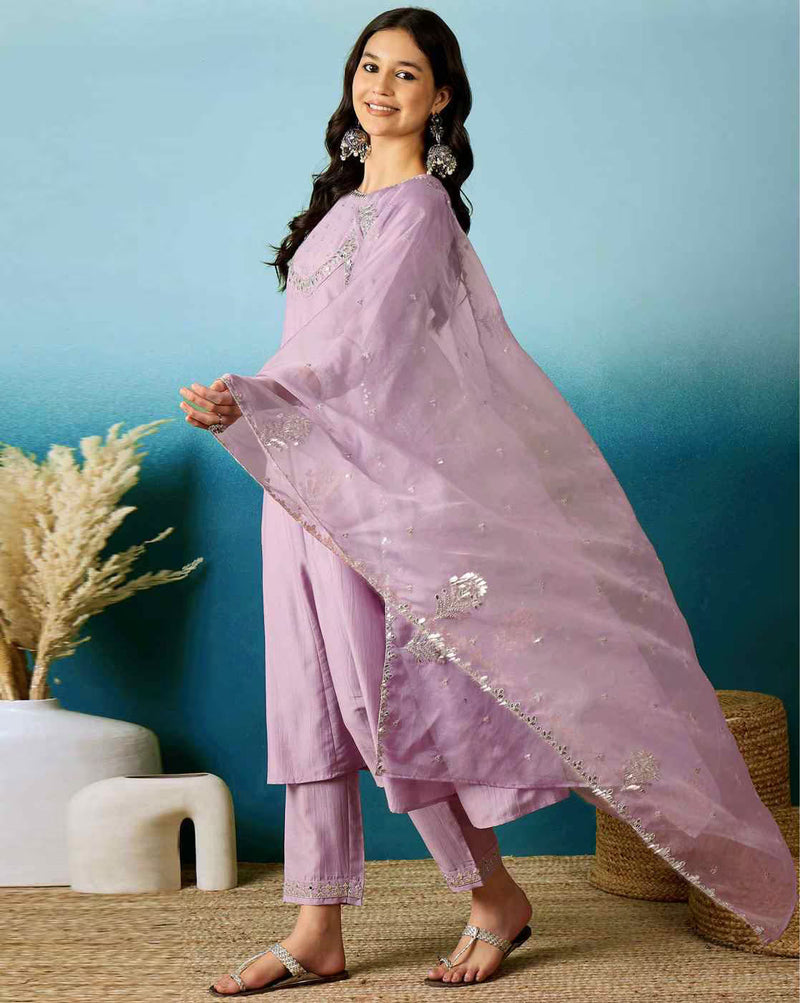 Lavender Bitaliyan Zari Sequence Gota Work Embroidered A-Line Kurta Set– by QueenVastra