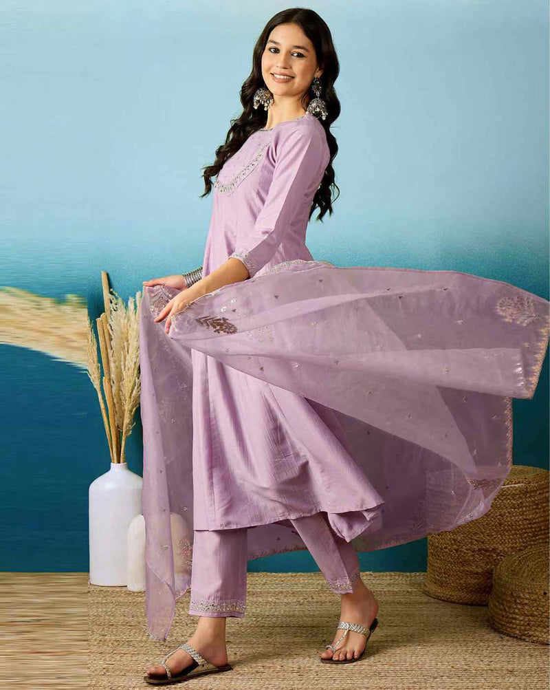 Lavender Bitaliyan Zari Sequence Gota Work Embroidered A-Line Kurta Set– by QueenVastra