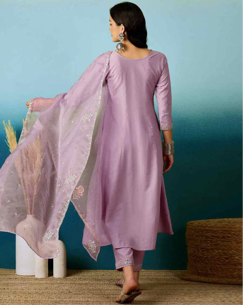 Lavender Bitaliyan Zari Sequence Gota Work Embroidered A-Line Kurta Set– by QueenVastra