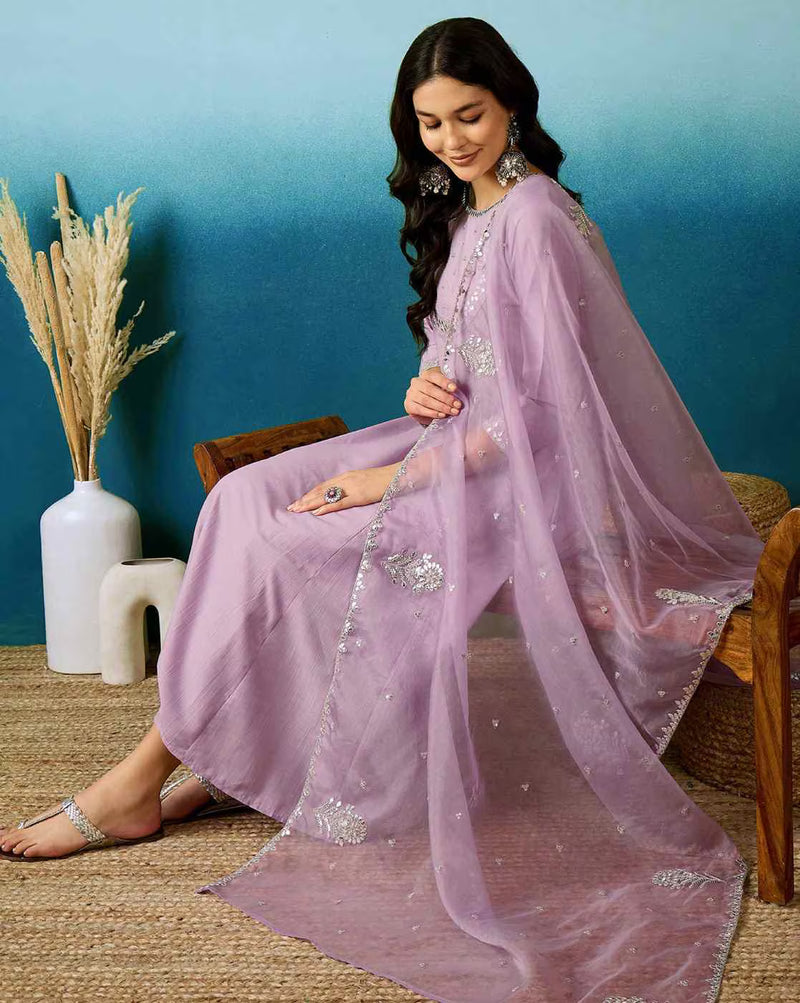 Lavender Bitaliyan Zari Sequence Gota Work Embroidered A-Line Kurta Set– by QueenVastra