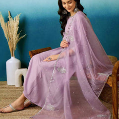 Lavender Bitaliyan Zari Sequence Gota Work Embroidered A-Line Kurta Set– by QueenVastra