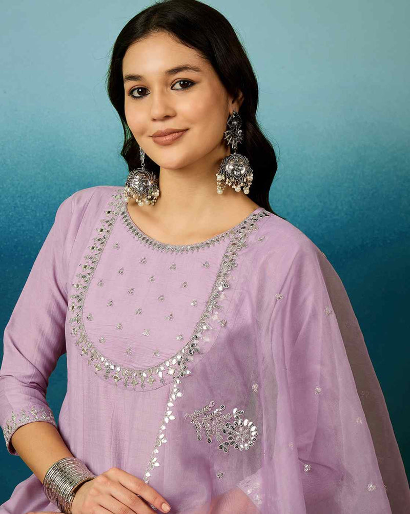 Lavender Bitaliyan Zari Sequence Gota Work Embroidered A-Line Kurta Set– by QueenVastra