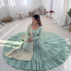 Premium Quality Roman Silk Pista  Anarkali  Suit Set