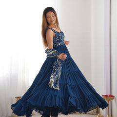 Premium Quality 5 Layers Blue Anarkali  Suit Set