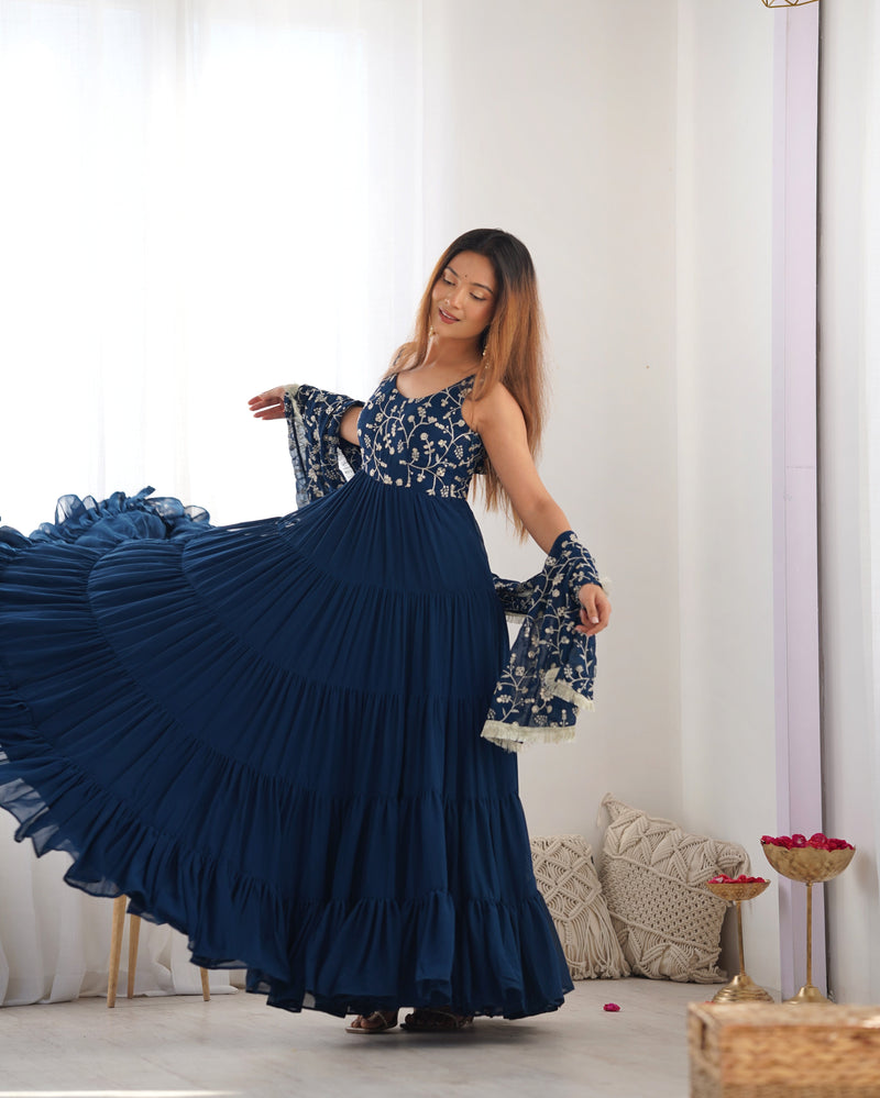 Premium Quality 5 Layers Blue Anarkali  Suit Set