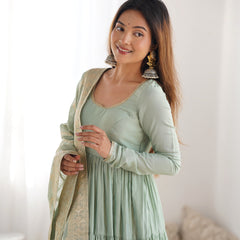 Premium Quality Roman Silk Pista  Anarkali  Suit Set