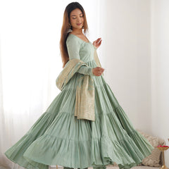 Premium Quality Roman Silk Pista  Anarkali  Suit Set