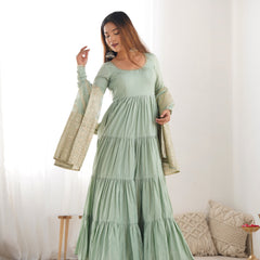 Premium Quality Roman Silk Pista  Anarkali  Suit Set