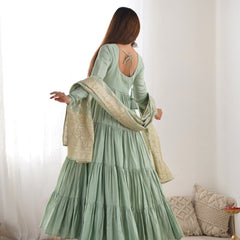 Premium Quality Roman Silk Pista  Anarkali  Suit Set