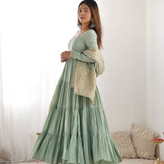 Premium Quality Roman Silk Pista  Anarkali  Suit Set