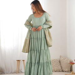 Premium Quality Roman Silk Pista  Anarkali  Suit Set