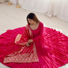 Premium Quality Roman Silk Pink Anarkali  Suit Set