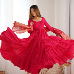 Premium Quality Roman Silk Pink Anarkali  Suit Set