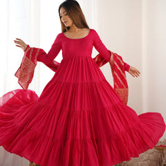 Premium Quality Roman Silk Pink Anarkali  Suit Set