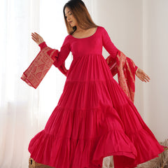 Premium Quality Roman Silk Pink Anarkali  Suit Set