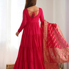 Premium Quality Roman Silk Pink Anarkali  Suit Set